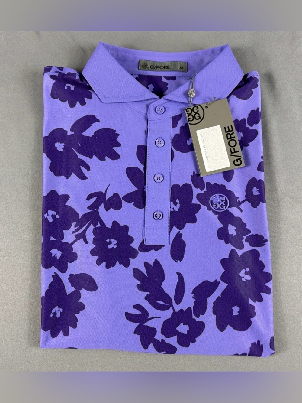 G/Fore G4 Golf Shirt Polo Sleeve Logo Floral Print Medium Purple NWT MSRP $120